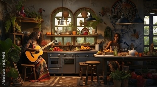 Girl playing guitar in a boho style kitchen interior
