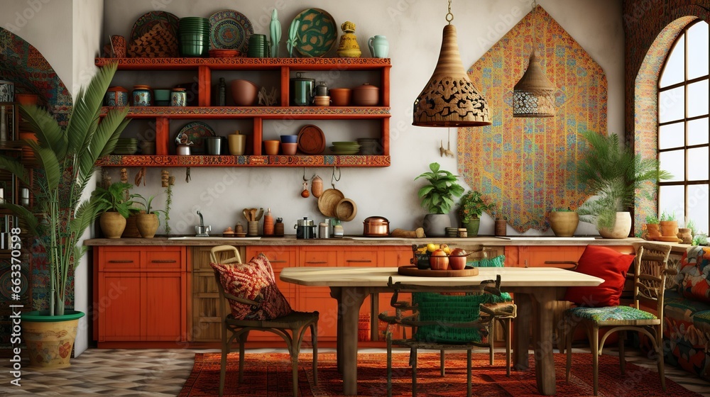 Obraz premium Ethnic boho style kitchen interior with table and chair and tribal decorations