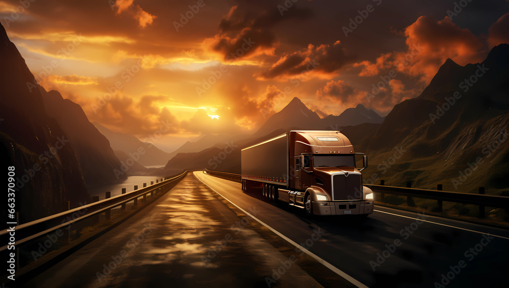 modern truck driving along the road with a view of the mountains at sunset
