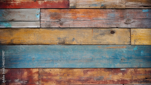 wooden boards shabby multicolored rainbow watercolor background.