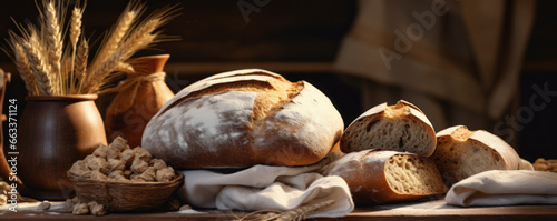 Sourdough bread with crispy crust on wooden shelf