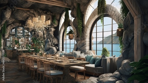 Restaurant in cave modern victorian style interior with view to the sea