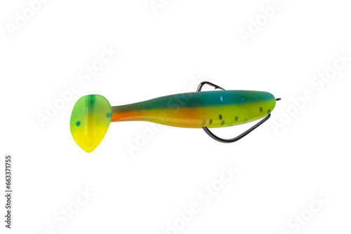 silicone fishing bait in the form of a fish isolated from the background