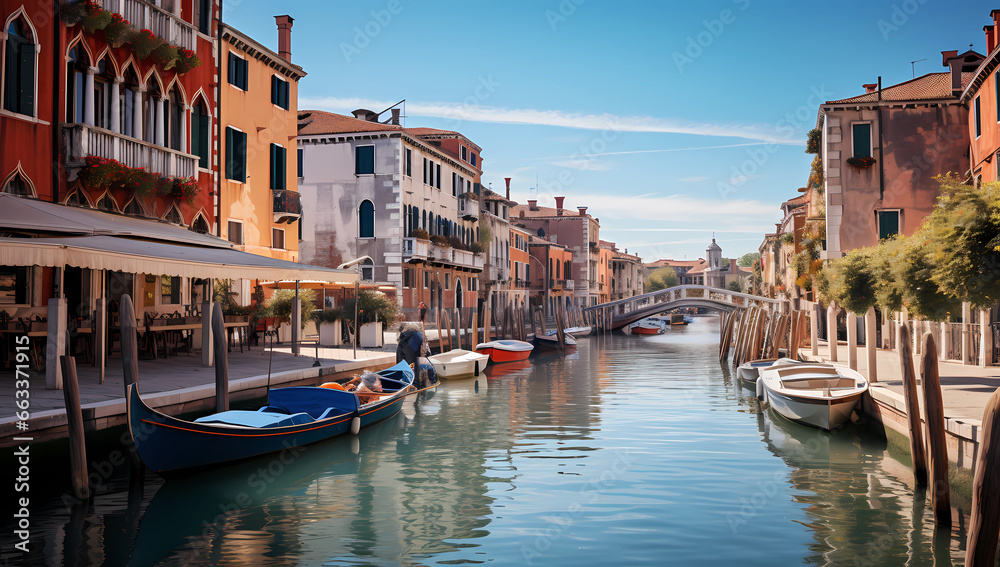 wide river canal of Venice with moored boats