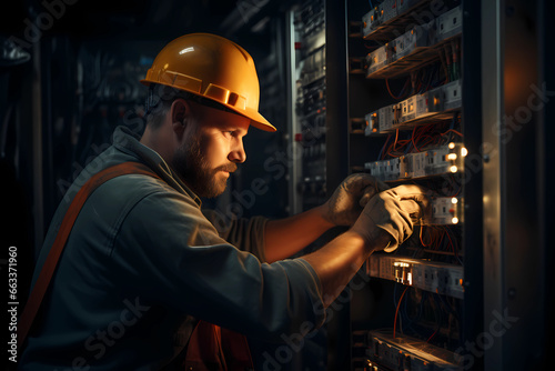 A technical electrician installs an electrical panel