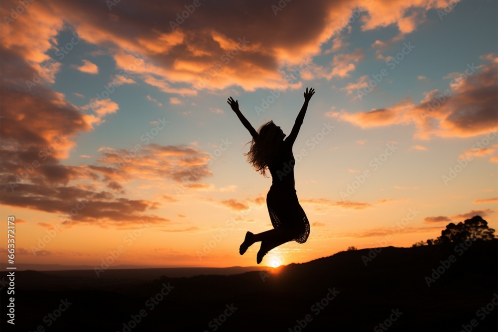Joyful silhouette of a young woman set against a stunning sunset Joyful silhouette of a young woman set against a stunning sunset