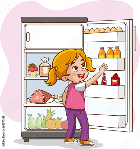 vector illustration of children taking drink from refrigerator