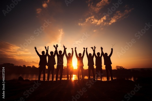 Joyful unity Silhouettes of a team joining hands in the air