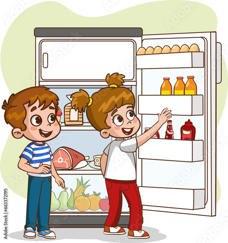 children taking food and drinks from the refrigerator