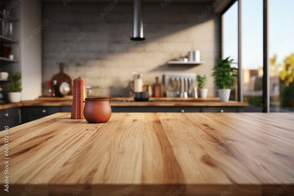 Kitchen counter with a wooden table surface in soft focus - obrazy, fototapety, plakaty 