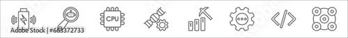 outline set of artificial intellegence line icons. linear vector icons such as wireless charging, microbots, cpu, genetic modification, data mining, processing, code, ar camera