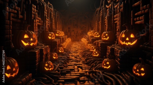 Halloween maze with walls and pumpkins on sides