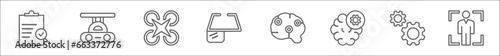 outline set of artificial intellegence line icons. linear vector icons such as evaluation, high speed tube, unmanned aerial vehicle, ar monocle, future brain, unsupervised learning, hine, body scan