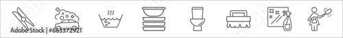 outline set of cleaning line icons. linear vector icons such as clothes peg, car wash, hot water, dishes, toilet, scrub brush, window cleaner, dusting