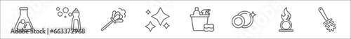 outline set of cleaning line icons. linear vector icons such as acid, dishwashing detergent, feather duster, neat, cleaning, washing dishes, oxidizing agent, toilet brush