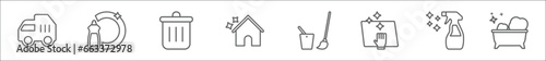 outline set of cleaning line icons. linear vector icons such as garbage truck, washing plate, trash, cleaning house, floor mop, wiping, glass cleaner, bathtub cleaning