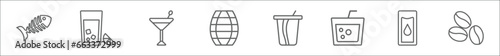 outline set of drinks line icons. linear vector icons such as fish skeleton, lemon juice, martini, cask, , caipirinha, water, coffee