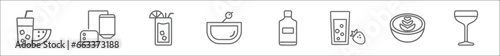 outline set of drinks line icons. linear vector icons such as watermelon juice, brewery, tequila sunrise, greyhound drink, rum, smoothie, latte, martinez