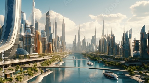 Futuristic sustainable green city, concept of city of the future based on green energy and eco industry, future city with skyscrapers and modern buildings.