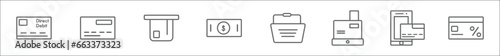 outline set of ecommerce line icons. linear vector icons such as direct debit, debit card, insert card, cash, shopping basket, cashbox, payment method, loyalty card