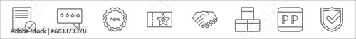 outline set of ecommerce line icons. linear vector icons such as receipt, review, new, voucher, trade, stock, , guaranty shield