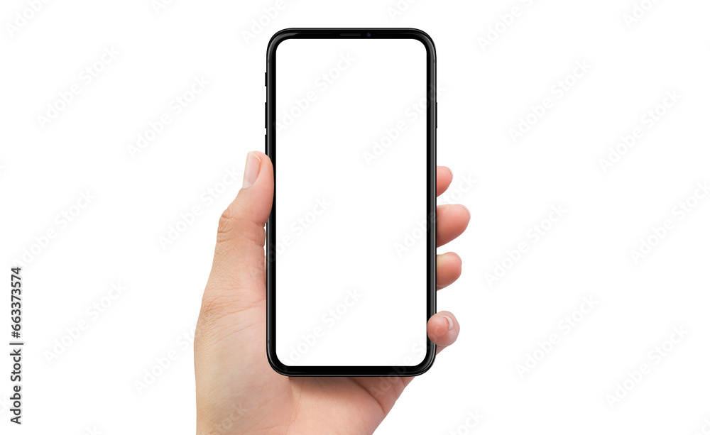 Isolated human left hand holding black mobile smart phone device mockup white background - obrazy, fototapety, plakaty 