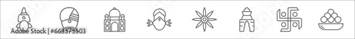 outline set of india line icons. linear vector icons such as sarai, indian, taj mahal, parvati, anise, odisha, hindu, indian sweets