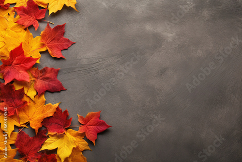 Autumn background with colored red leaves on a Gray slate background. Top view, copy space