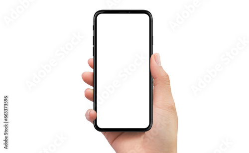 Isolated human right hand holding black mobile smart phone device mockup