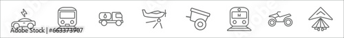 outline set of transportation line icons. linear vector icons such as electric car, , tanker, crop duster, oxcart, metro, quad, hang glider