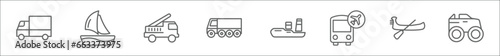outline set of transportation line icons. linear vector icons such as cargo truck, boat, fire truck, eighteen-wheeler, icebreaker ship, airport shuttle, gondola, monster truck