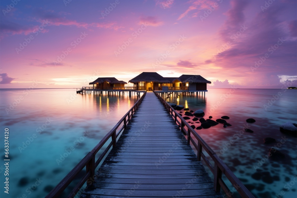 Luxury resort concept Maldives beachscape, sunset serenity, and endless sea