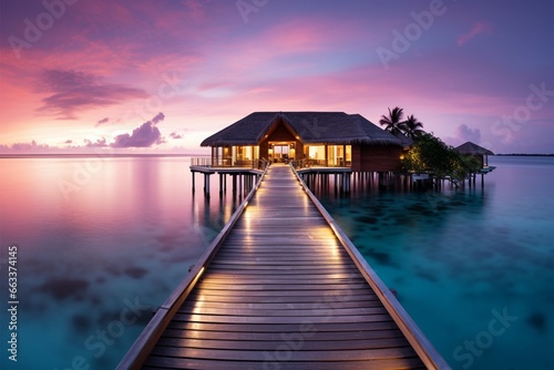 Luxury resort concept Maldives beachscape, sunset serenity, and endless sea © Jawed Gfx