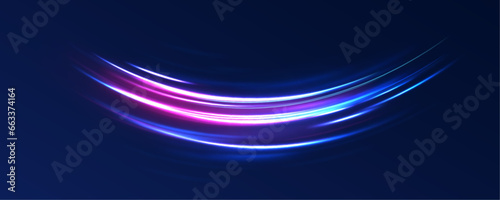 Illustration of light ray  stripe line with blue light  speed motion background. Neon color glowing lines background  high-speed light trails effect. 