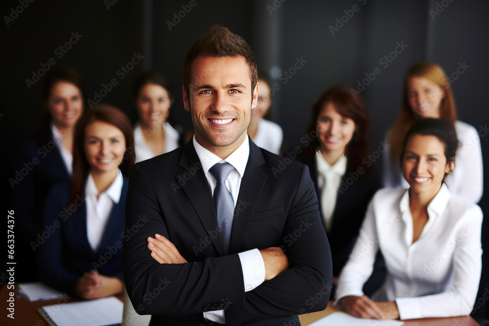 Successful business man sitting in a boardroom with his team Successful business man sitting in a boardroom with his team