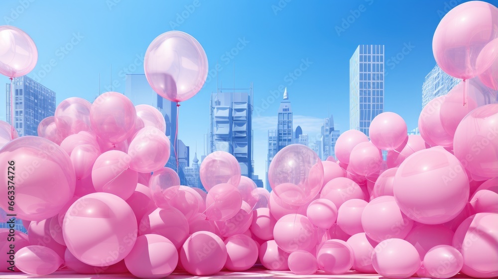 pink balloons on blue sky and a cityscape in the background