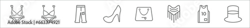 outline set of clothes line icons. linear vector icons such as bra & knicker, bikini, jean, heels, bag, shawl, basketball jersey, top hat