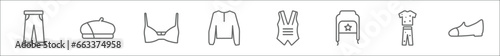 outline set of clothes line icons. linear vector icons such as trousers, beret, brassiere, cardigan, vest, ushanka, pijama, danica shoes
