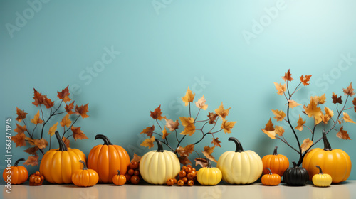 Halloween background, thanksgiving or autumn scene, flat lay composition with pumpkins, Happy event halloween banner holiday text mockup, backdrop horror concept with copy space, illustration.