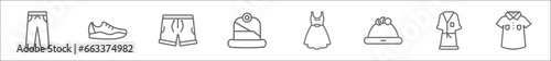outline set of clothes line icons. linear vector icons such as tracksuit, sneaker, short, hat, dress, beanie, housecoat, polo shirt