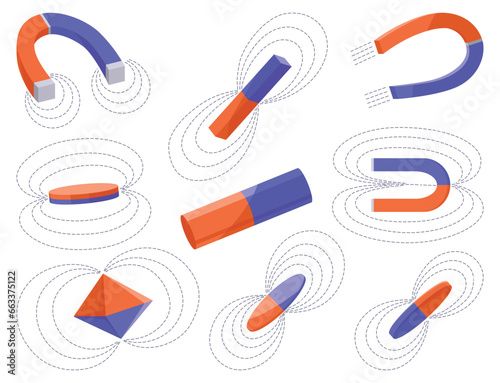 Magnetic force and electromagnetic field. Polar magnet schemes set. Educational magnetism physics presentation, horseshoe and bar magnet. Cartoon vector illustration. Physics science aid