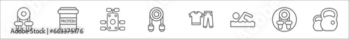 outline set of gymandfitness line icons. linear vector icons such as hand grip, protein, fitness bench, grip, sport wear, swim, rope, kettlebells