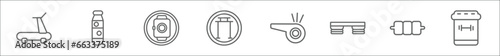 outline set of gymandfitness line icons. linear vector icons such as running hine, water bottle, pulsometer, horizontal bar, trainer rod, fitness step, triceps bar, supplement