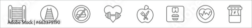 outline set of gymandfitness line icons. linear vector icons such as trellis, swedish wall, no fast food, fitness, fitness nutrition, diet, fitness heart, phytonutrients