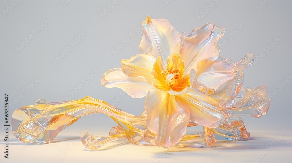  a glass sculpture of a flower on a white surface with a gray background.  generative ai