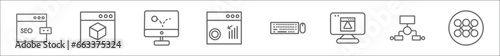 outline set of seo line icons. linear vector icons such as seo reputation, simulation, advertising bounce, seo ranking, keyboard and mouse, program error, aorithm, cloud