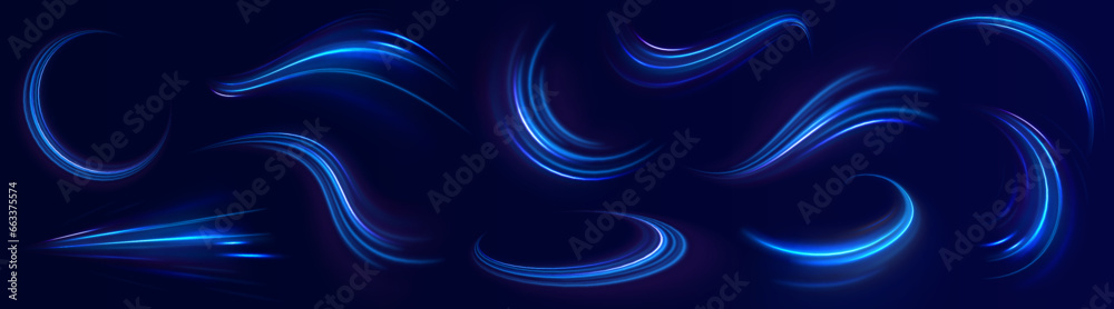 Speed light streaks vector background with blurred fast moving light effect, blue purple colors on black. Glowing street exposure. Blurred motion. Sparkling flow. Vector abstract dynamic dark.	