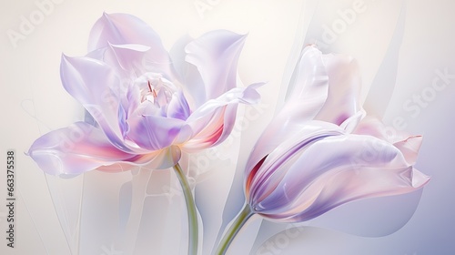  two purple flowers are in a vase on a white background.  generative ai