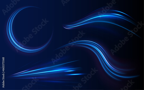 Light line neon swirl effect. Vector glitter light fire flare trace. Bokeh blue light glitter round wave line with sparkling particles. Magic sparkle swirl trail effect on transparent background	