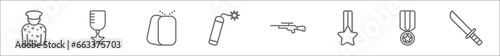 outline set of army line icons. linear vector icons such as conscription, in, dog tag, dynamite, sniper rifle, condecoration, militaty medal, combat knife